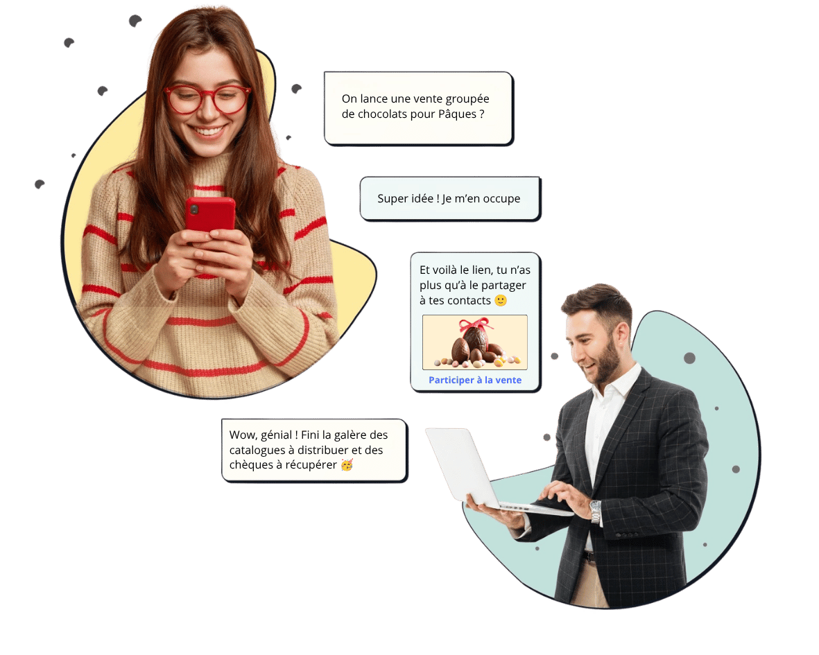 Illustration de deux personnes échangeant via WondoCSE pour organiser une vente groupée